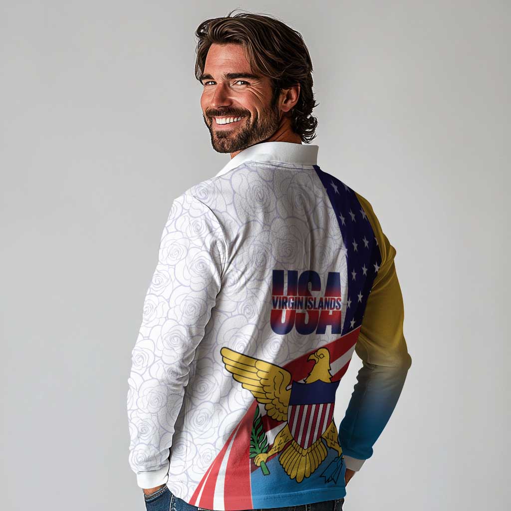 United States Virgin Islands Long Sleeve Polo Shirt USA Curve Flag With Yellow Eagle - Wonder Print Shop