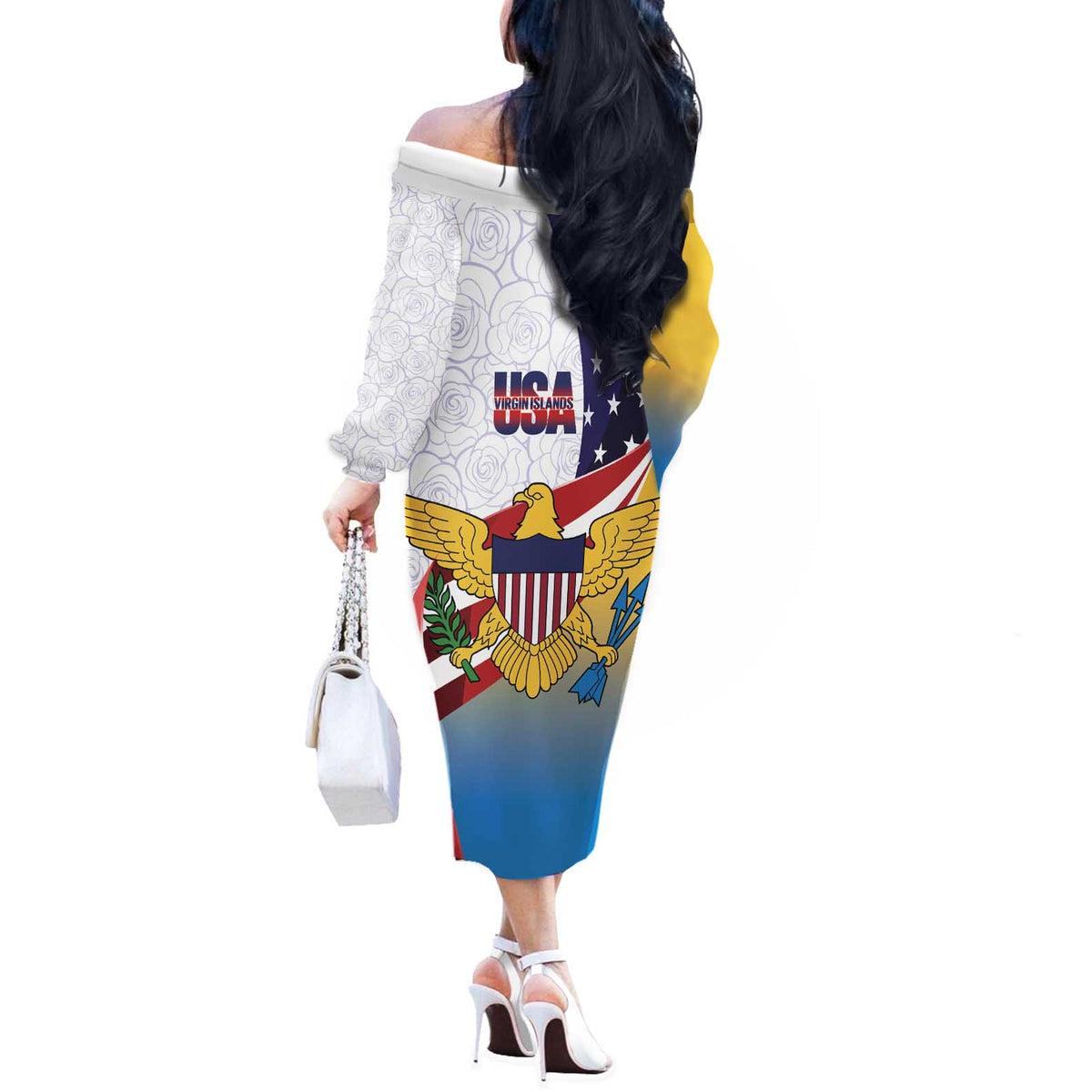 United States Virgin Islands Off The Shoulder Long Sleeve Dress USA Curve Flag With Yellow Eagle - Wonder Print Shop