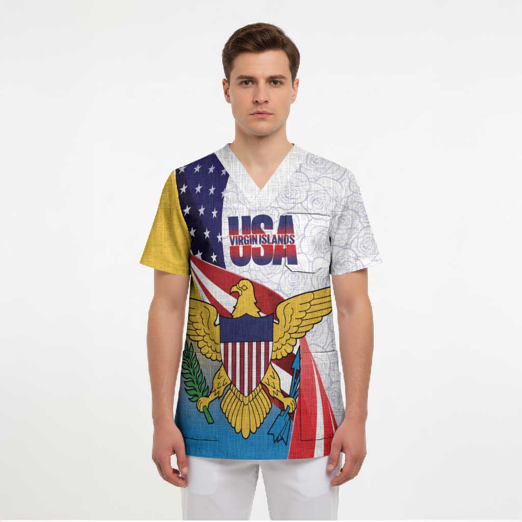 United States Virgin Islands Scrub Top USA Curve Flag With Yellow Eagle - Wonder Print Shop