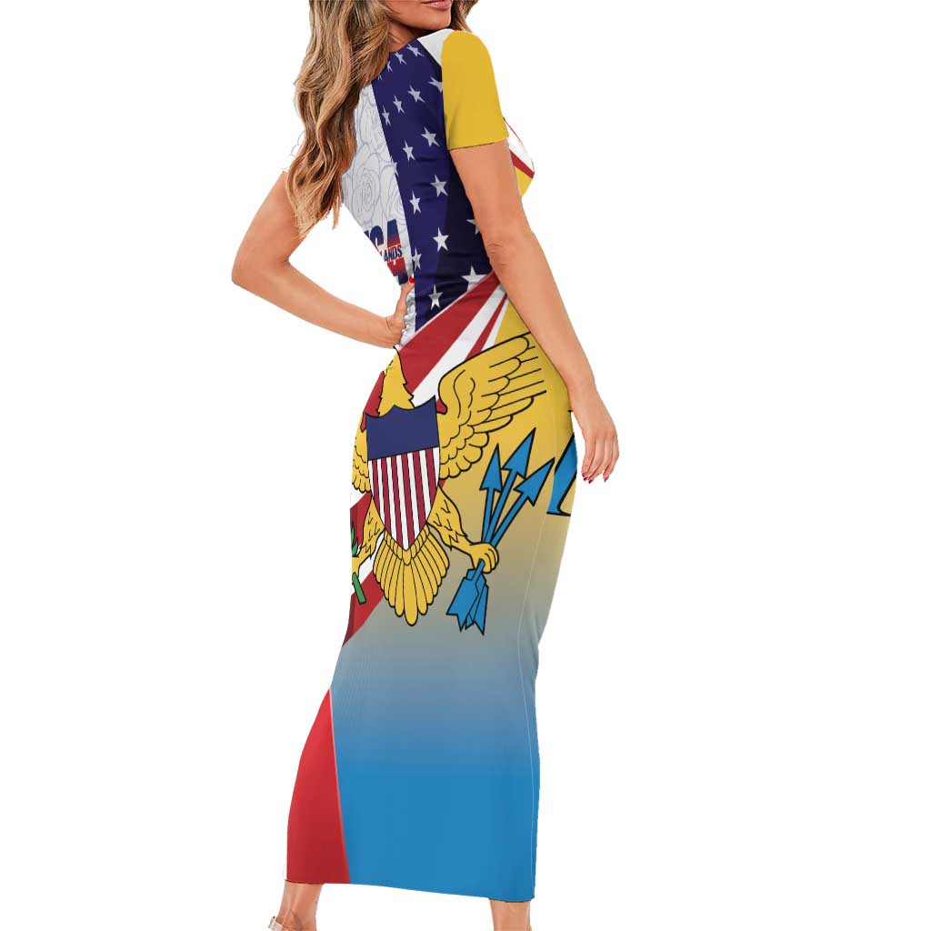 United States Virgin Islands Short Sleeve Bodycon Dress USA Curve Flag With Yellow Eagle - Wonder Print Shop