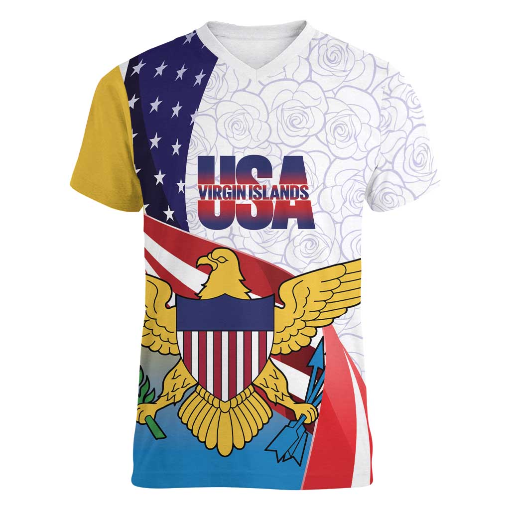 United States Virgin Islands Women V-Neck T-Shirt USA Curve Flag With Yellow Eagle - Wonder Print Shop