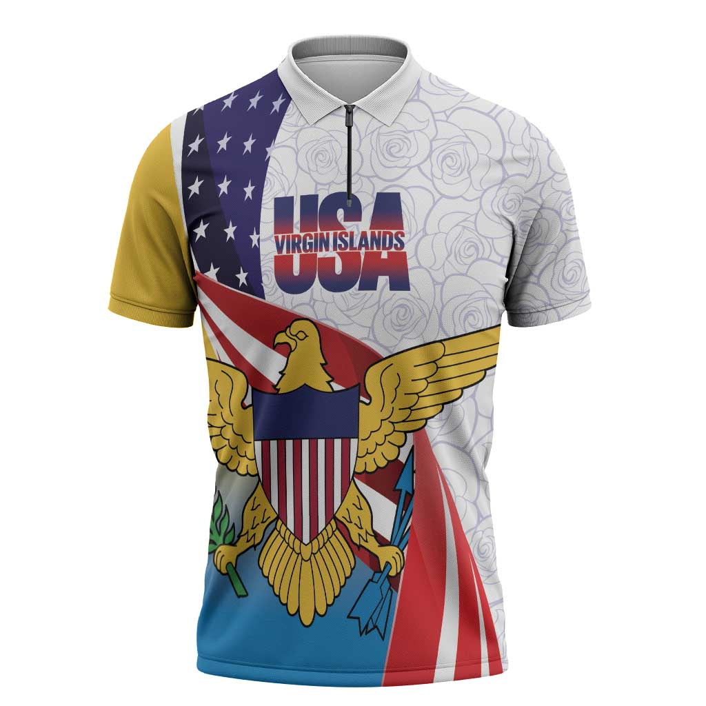 United States Virgin Islands Zipper Polo Shirt USA Curve Flag With Yellow Eagle - Wonder Print Shop