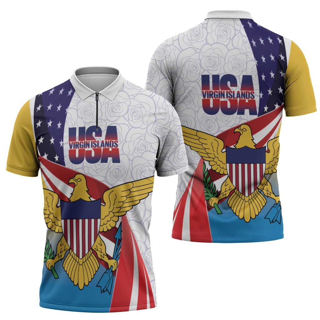 United States Virgin Islands Zipper Polo Shirt USA Curve Flag With Yellow Eagle - Wonder Print Shop