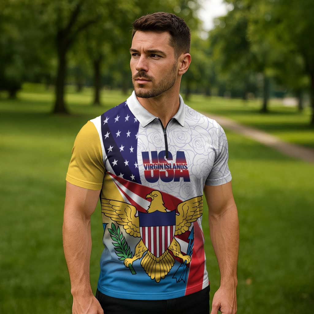 United States Virgin Islands Zipper Polo Shirt USA Curve Flag With Yellow Eagle - Wonder Print Shop