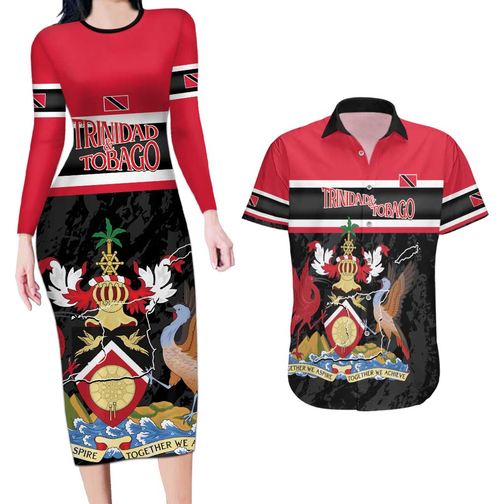 Trinidad and Tobago Couples Matching Long Sleeve Bodycon Dress and Hawaiian Shirt Together We Aspire Together We Achieve