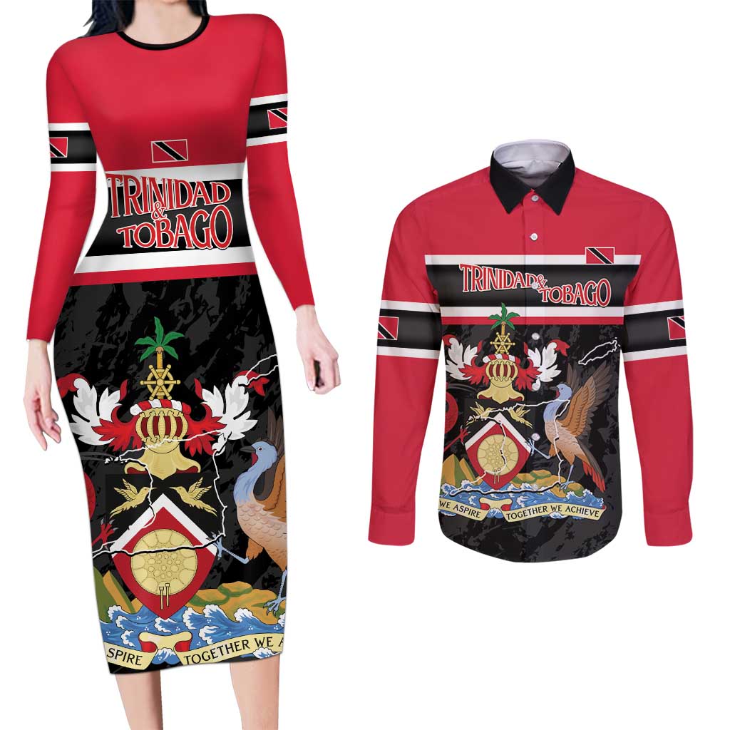 Trinidad and Tobago Couples Matching Long Sleeve Bodycon Dress and Long Sleeve Button Shirt Together We Aspire Together We Achieve
