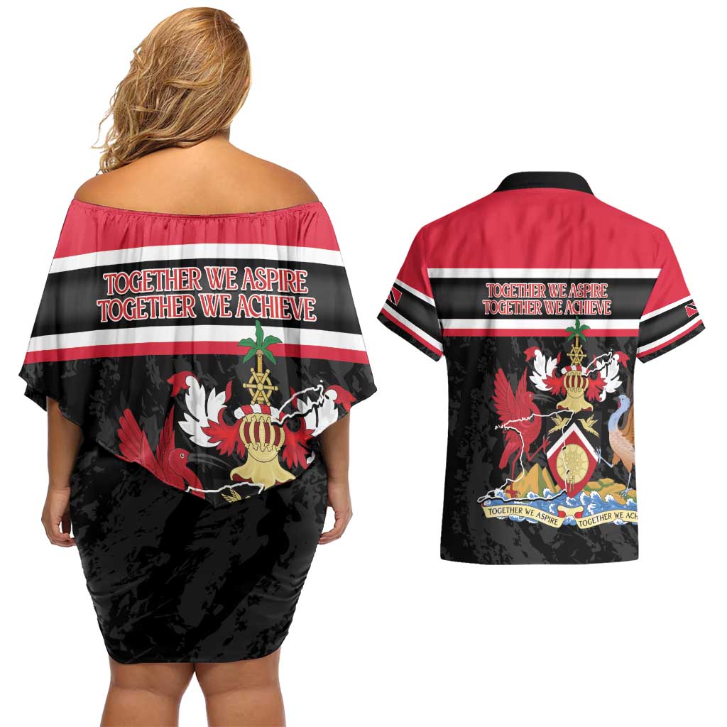 Trinidad and Tobago Couples Matching Off Shoulder Short Dress and Hawaiian Shirt Together We Aspire Together We Achieve