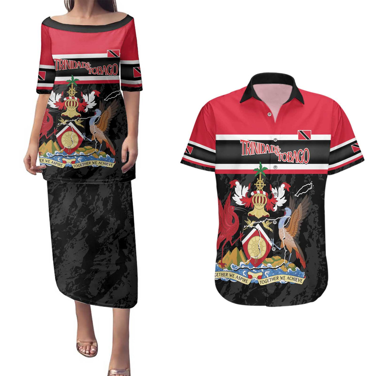 Trinidad and Tobago Couples Matching Puletasi and Hawaiian Shirt Together We Aspire Together We Achieve