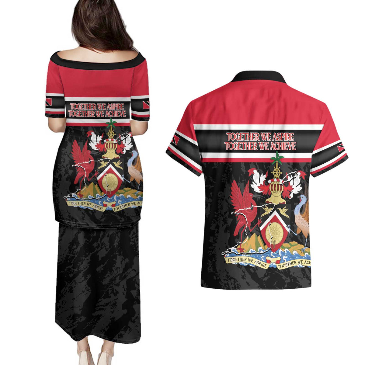 Trinidad and Tobago Couples Matching Puletasi and Hawaiian Shirt Together We Aspire Together We Achieve