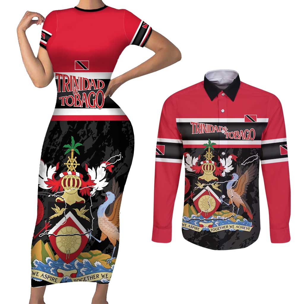 Trinidad and Tobago Couples Matching Short Sleeve Bodycon Dress and Long Sleeve Button Shirt Together We Aspire Together We Achieve