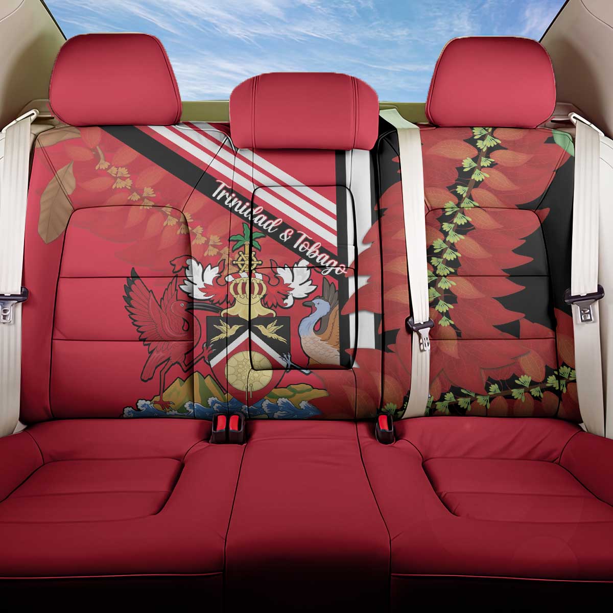 Trinidad and Tobago Back Car Seat Cover Coat Of Arms With Chaconia Flower