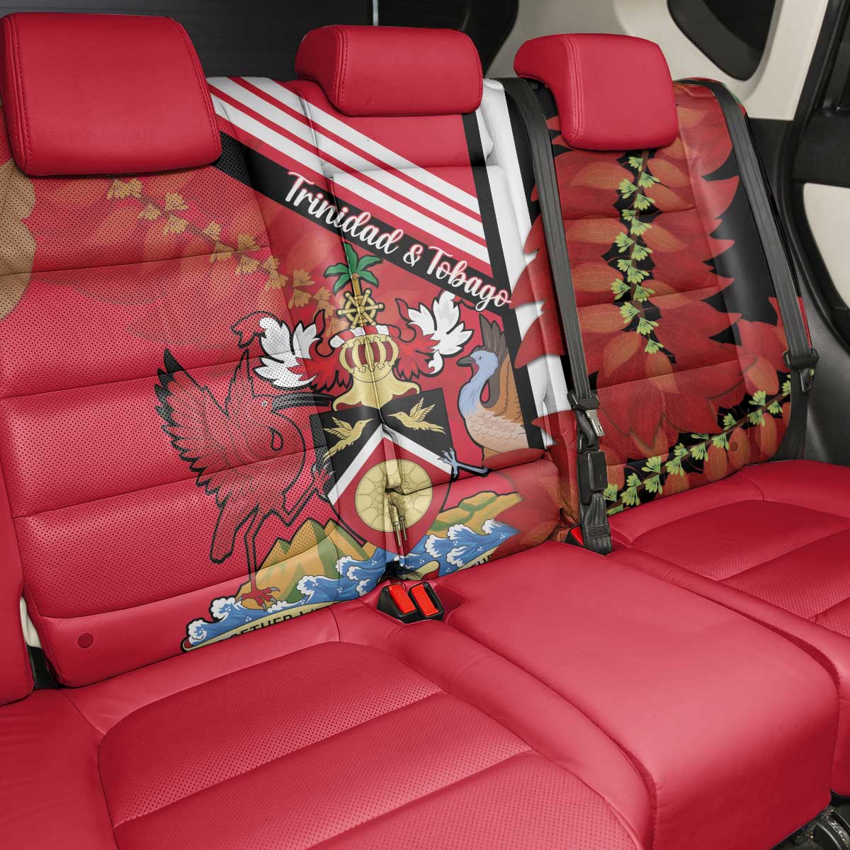 Trinidad and Tobago Back Car Seat Cover Coat Of Arms With Chaconia Flower