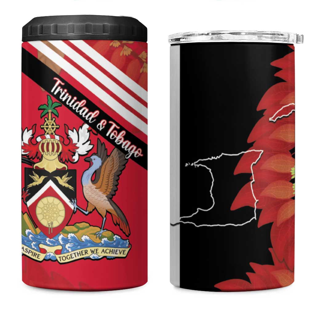 Trinidad and Tobago 4 in 1 Can Cooler Tumbler Coat Of Arms With Chaconia Flower