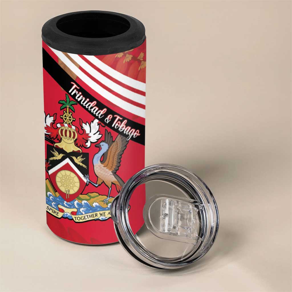 Trinidad and Tobago 4 in 1 Can Cooler Tumbler Coat Of Arms With Chaconia Flower