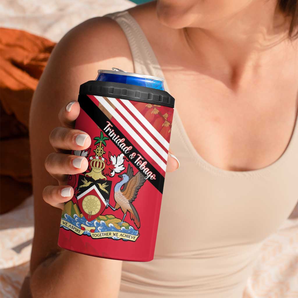 Trinidad and Tobago 4 in 1 Can Cooler Tumbler Coat Of Arms With Chaconia Flower