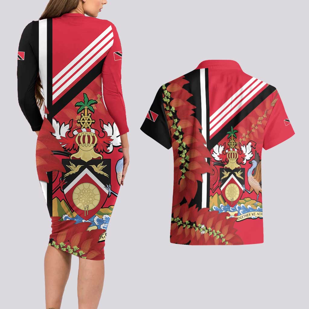Trinidad and Tobago Couples Matching Long Sleeve Bodycon Dress and Hawaiian Shirt Coat Of Arms With Chaconia Flower
