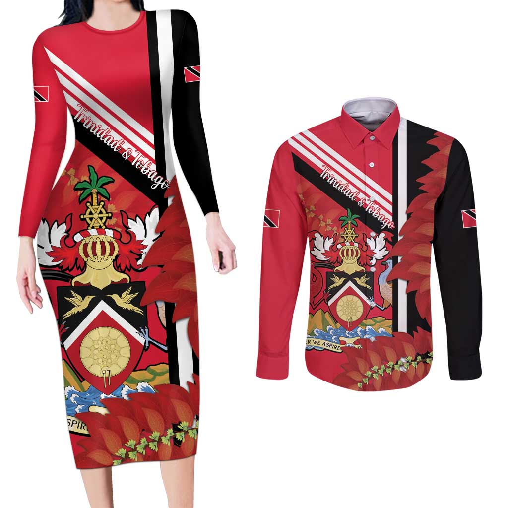 Trinidad and Tobago Couples Matching Long Sleeve Bodycon Dress and Long Sleeve Button Shirt Coat Of Arms With Chaconia Flower