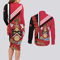 Trinidad and Tobago Couples Matching Long Sleeve Bodycon Dress and Long Sleeve Button Shirt Coat Of Arms With Chaconia Flower