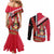 Trinidad and Tobago Couples Matching Mermaid Dress and Long Sleeve Button Shirt Coat Of Arms With Chaconia Flower