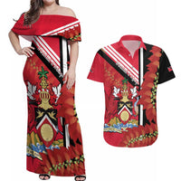 Trinidad and Tobago Couples Matching Off Shoulder Maxi Dress and Hawaiian Shirt Coat Of Arms With Chaconia Flower