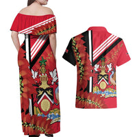 Trinidad and Tobago Couples Matching Off Shoulder Maxi Dress and Hawaiian Shirt Coat Of Arms With Chaconia Flower
