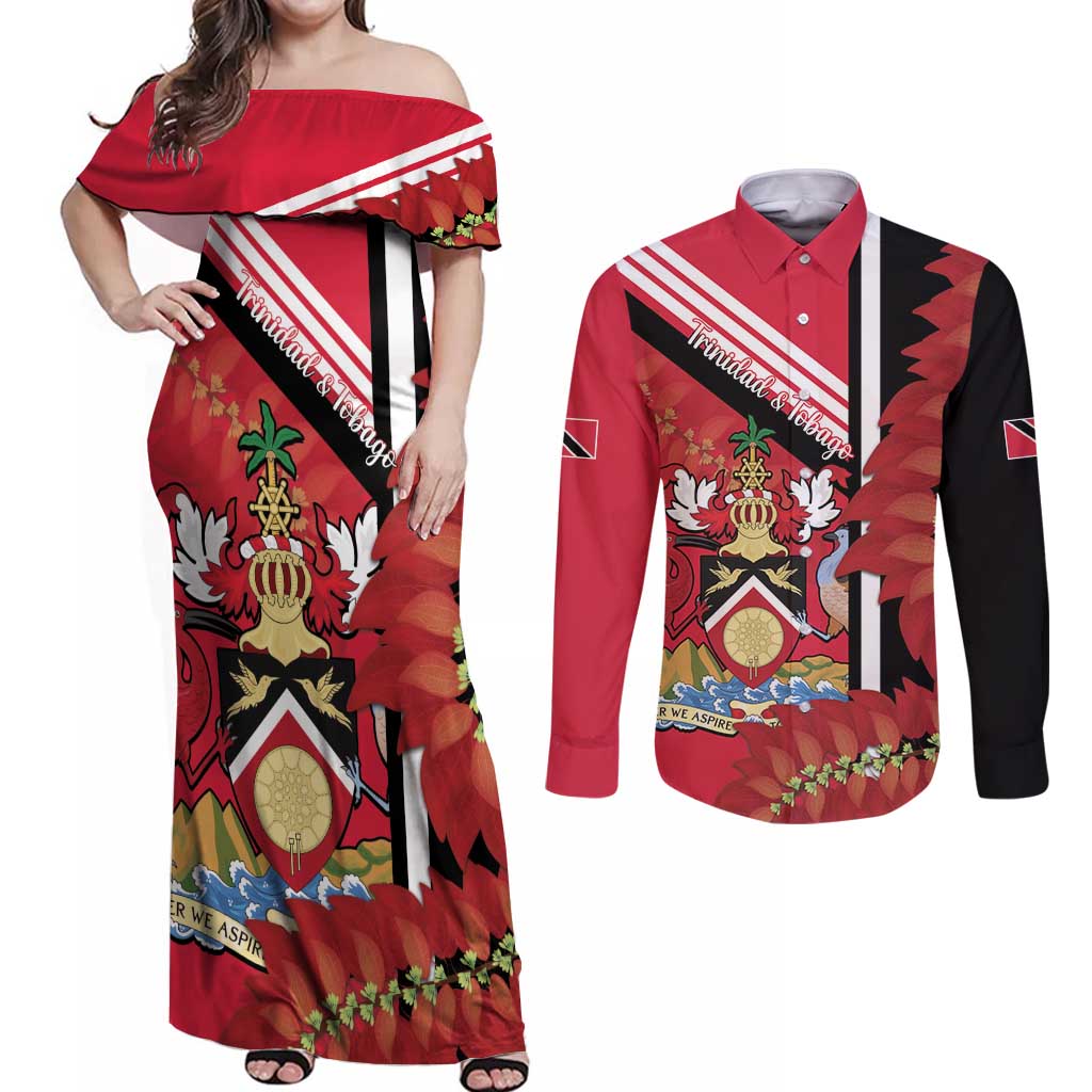 Trinidad and Tobago Couples Matching Off Shoulder Maxi Dress and Long Sleeve Button Shirt Coat Of Arms With Chaconia Flower