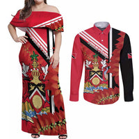 Trinidad and Tobago Couples Matching Off Shoulder Maxi Dress and Long Sleeve Button Shirt Coat Of Arms With Chaconia Flower