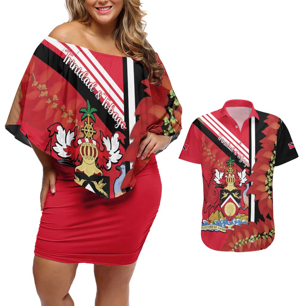 Trinidad and Tobago Couples Matching Off Shoulder Short Dress and Hawaiian Shirt Coat Of Arms With Chaconia Flower