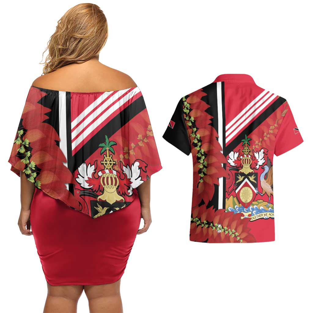 Trinidad and Tobago Couples Matching Off Shoulder Short Dress and Hawaiian Shirt Coat Of Arms With Chaconia Flower