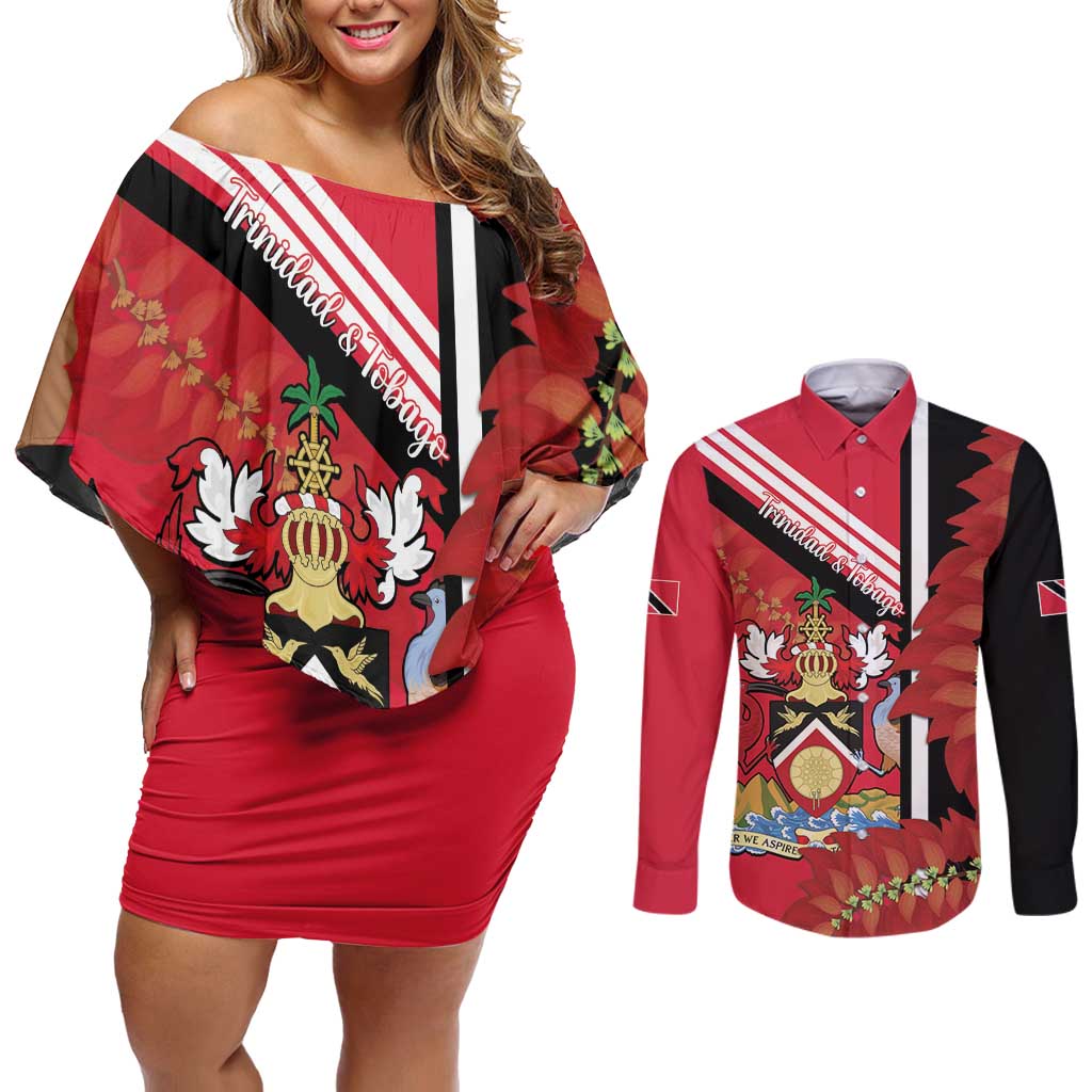 Trinidad and Tobago Couples Matching Off Shoulder Short Dress and Long Sleeve Button Shirt Coat Of Arms With Chaconia Flower