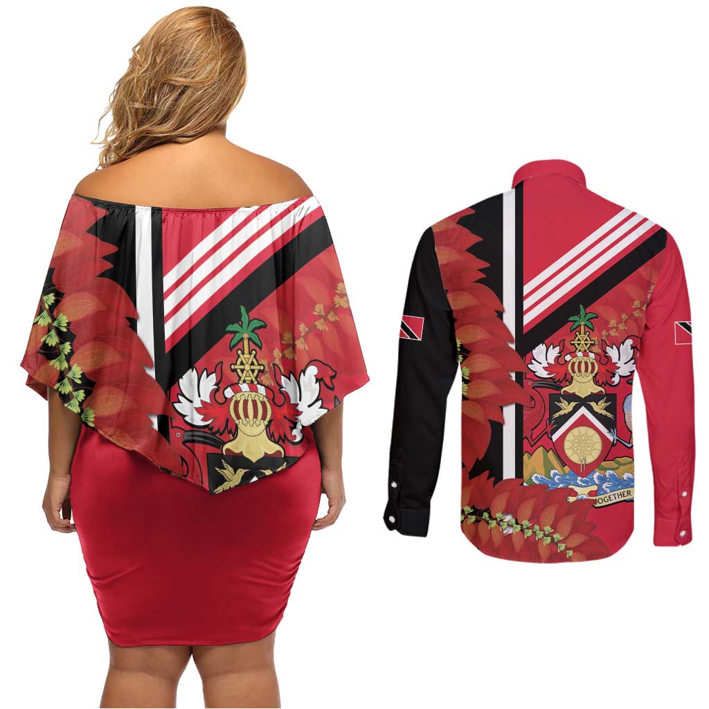 Trinidad and Tobago Couples Matching Off Shoulder Short Dress and Long Sleeve Button Shirt Coat Of Arms With Chaconia Flower