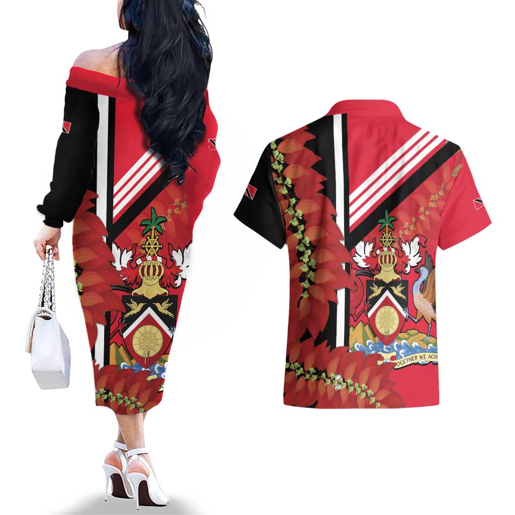 Trinidad and Tobago Couples Matching Off The Shoulder Long Sleeve Dress and Hawaiian Shirt Coat Of Arms With Chaconia Flower