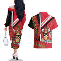 Trinidad and Tobago Couples Matching Off The Shoulder Long Sleeve Dress and Hawaiian Shirt Coat Of Arms With Chaconia Flower