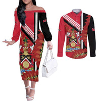 Trinidad and Tobago Couples Matching Off The Shoulder Long Sleeve Dress and Long Sleeve Button Shirt Coat Of Arms With Chaconia Flower