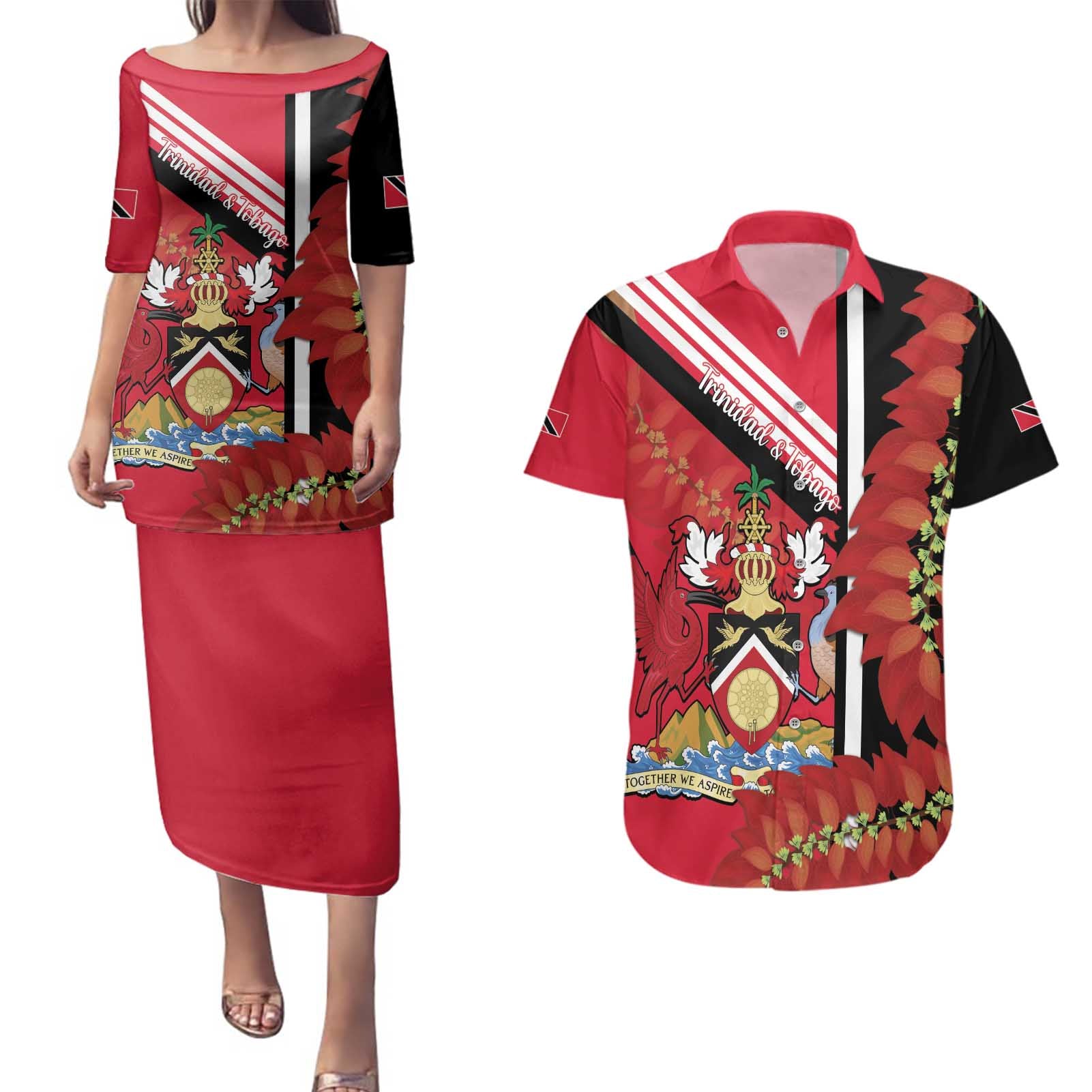 Trinidad and Tobago Couples Matching Puletasi and Hawaiian Shirt Coat Of Arms With Chaconia Flower