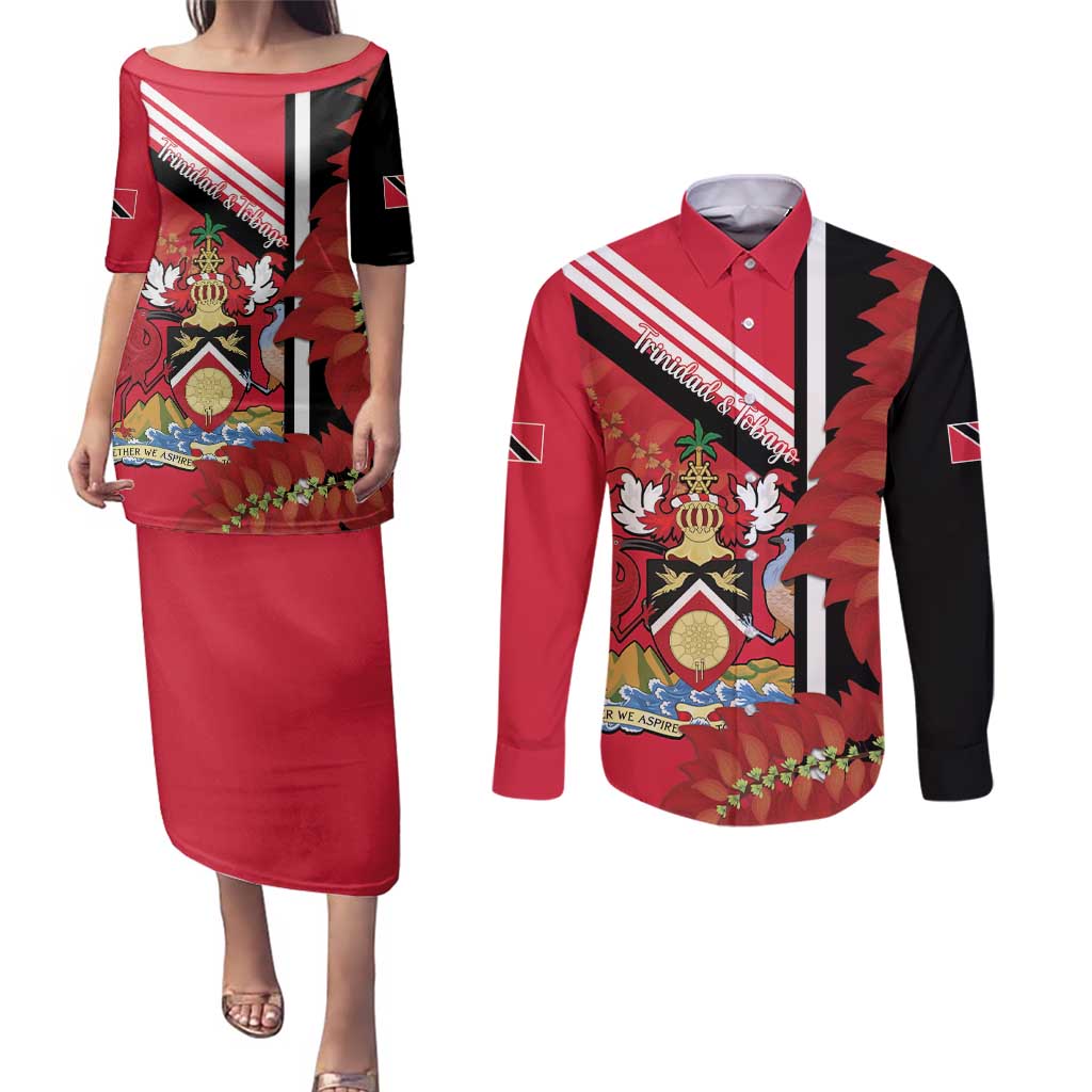 Trinidad and Tobago Couples Matching Puletasi and Long Sleeve Button Shirt Coat Of Arms With Chaconia Flower