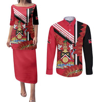 Trinidad and Tobago Couples Matching Puletasi and Long Sleeve Button Shirt Coat Of Arms With Chaconia Flower