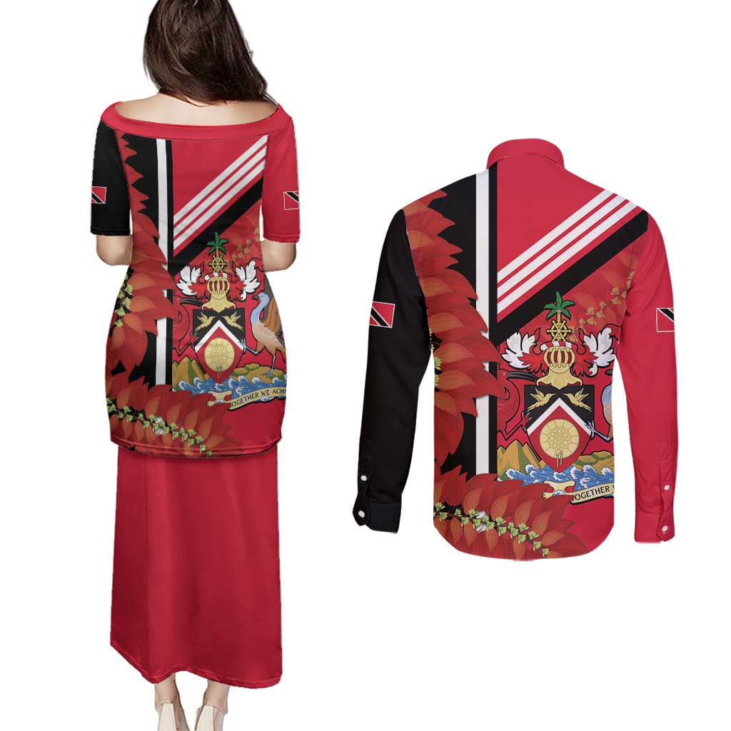 Trinidad and Tobago Couples Matching Puletasi and Long Sleeve Button Shirt Coat Of Arms With Chaconia Flower