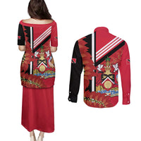 Trinidad and Tobago Couples Matching Puletasi and Long Sleeve Button Shirt Coat Of Arms With Chaconia Flower