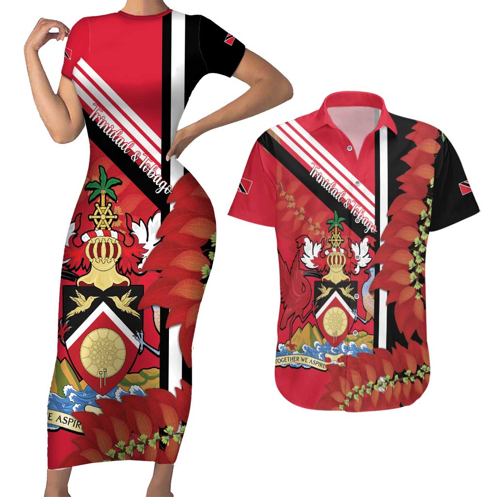 Trinidad and Tobago Couples Matching Short Sleeve Bodycon Dress and Hawaiian Shirt Coat Of Arms With Chaconia Flower