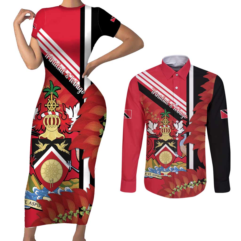 Trinidad and Tobago Couples Matching Short Sleeve Bodycon Dress and Long Sleeve Button Shirt Coat Of Arms With Chaconia Flower