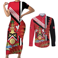 Trinidad and Tobago Couples Matching Short Sleeve Bodycon Dress and Long Sleeve Button Shirt Coat Of Arms With Chaconia Flower