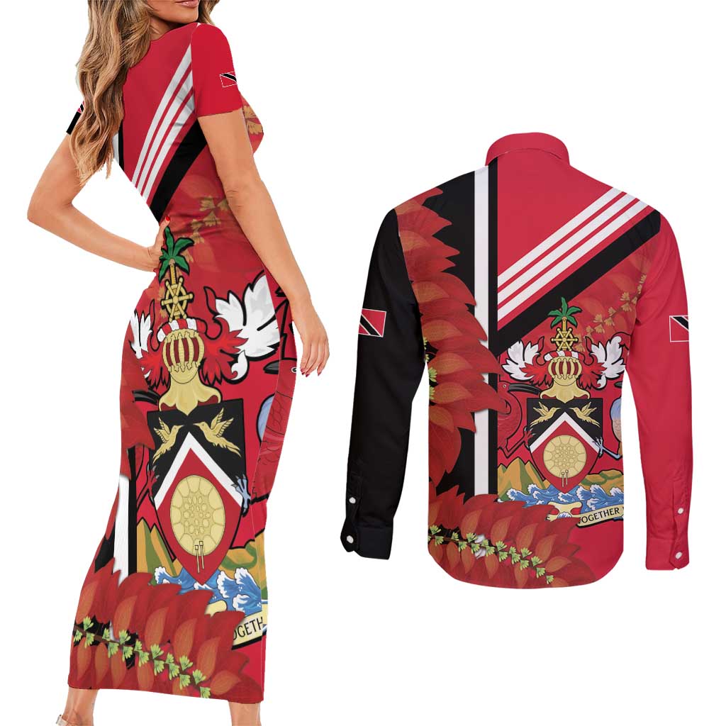Trinidad and Tobago Couples Matching Short Sleeve Bodycon Dress and Long Sleeve Button Shirt Coat Of Arms With Chaconia Flower