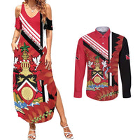 Trinidad and Tobago Couples Matching Summer Maxi Dress and Long Sleeve Button Shirt Coat Of Arms With Chaconia Flower