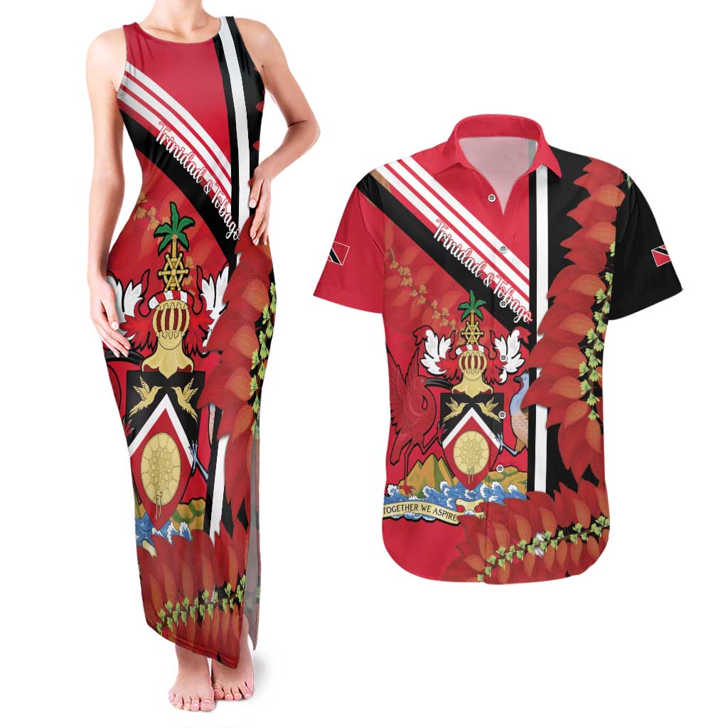 Trinidad and Tobago Couples Matching Tank Maxi Dress and Hawaiian Shirt Coat Of Arms With Chaconia Flower
