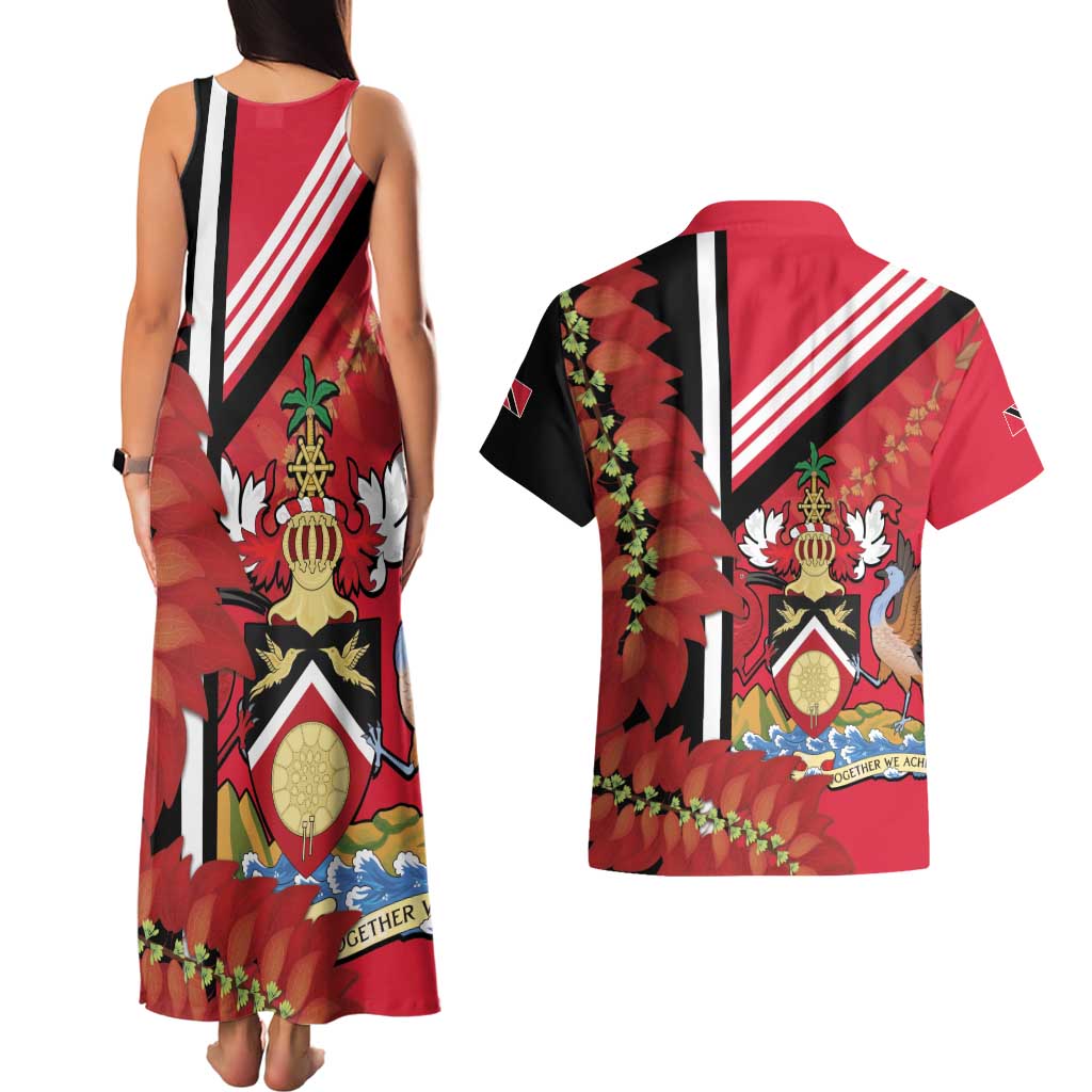 Trinidad and Tobago Couples Matching Tank Maxi Dress and Hawaiian Shirt Coat Of Arms With Chaconia Flower