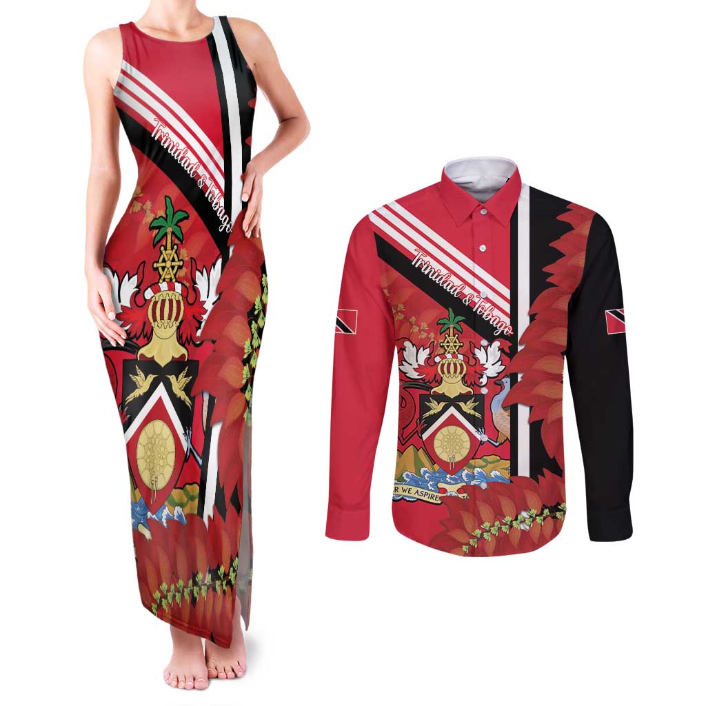 Trinidad and Tobago Couples Matching Tank Maxi Dress and Long Sleeve Button Shirt Coat Of Arms With Chaconia Flower