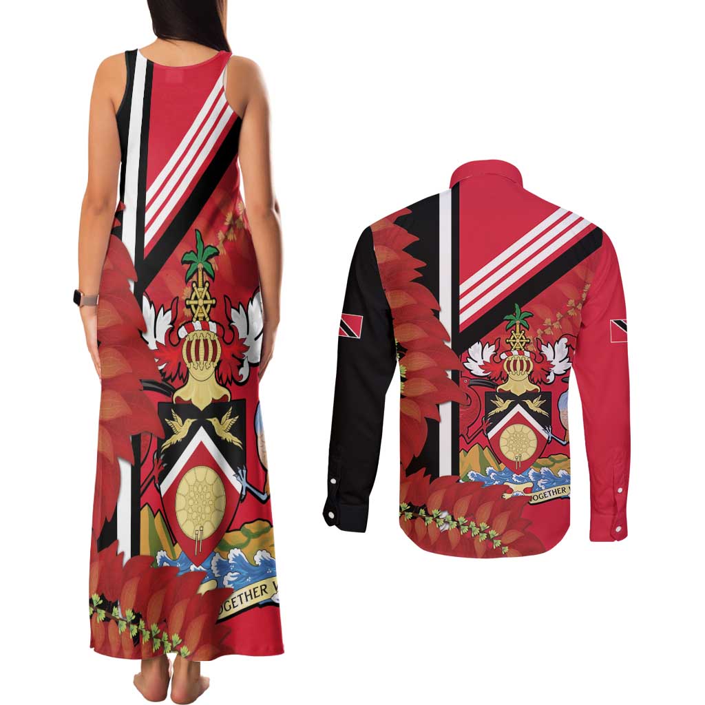 Trinidad and Tobago Couples Matching Tank Maxi Dress and Long Sleeve Button Shirt Coat Of Arms With Chaconia Flower