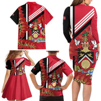 Trinidad and Tobago Family Matching Long Sleeve Bodycon Dress and Hawaiian Shirt Coat Of Arms With Chaconia Flower