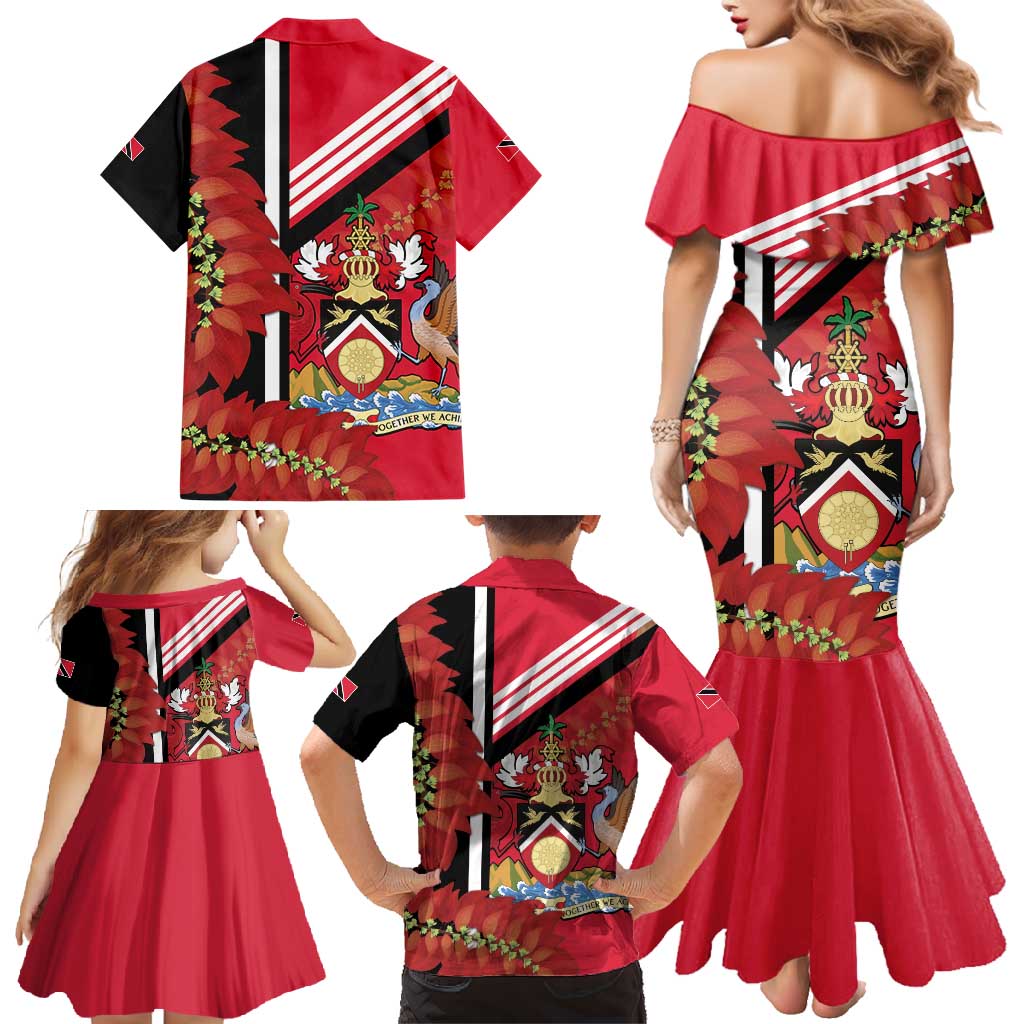 Trinidad and Tobago Family Matching Mermaid Dress and Hawaiian Shirt Coat Of Arms With Chaconia Flower